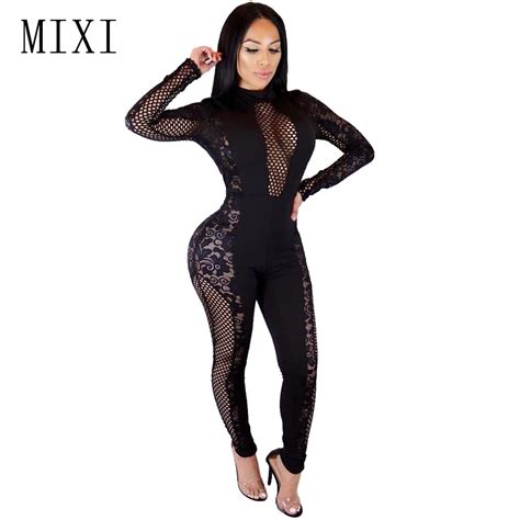 Mixi Sexy Hollow Out Black Lace Jumpsuit Long Sleeve See Through Mesh