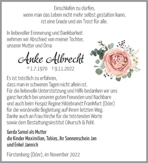 Traueranzeigen Von Anke Albrecht Märkische Onlinezeitung Trauerportal