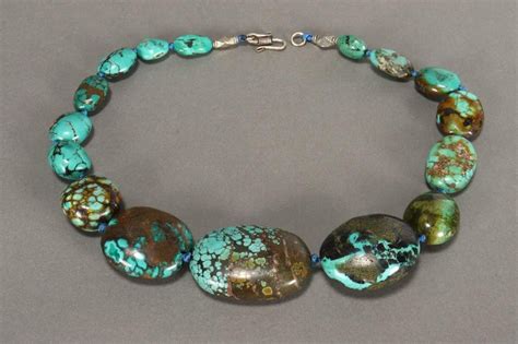 Large Turquoise Bead Necklace Of Flattened Oval Form Traditional