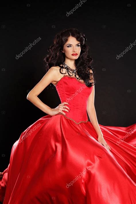 Fashion Model Beautiful Woman Wearing In Magnificent Red Dress Stock