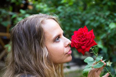 Portrait Of A Beautiful Girl With A Red Rose Stock Photo Image Of