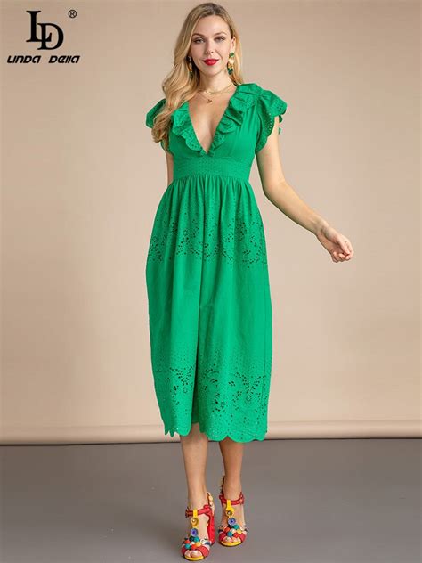 ld linda della summer designer fashion green dress women deep v neck high waist ruffles hollow