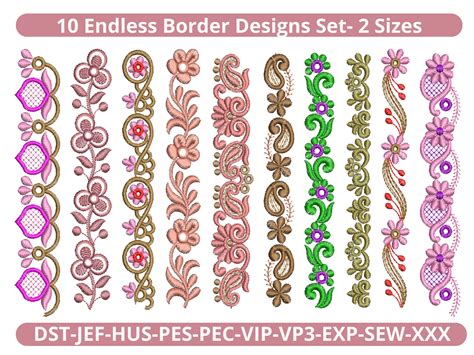 10 Embroidery Border Designs Bundle 2 Sizes Instant Etsy