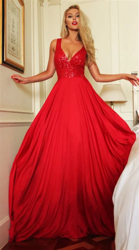 Freeshipping New A Line V Neck Sleeveless Red Sequin Prom Dresses In