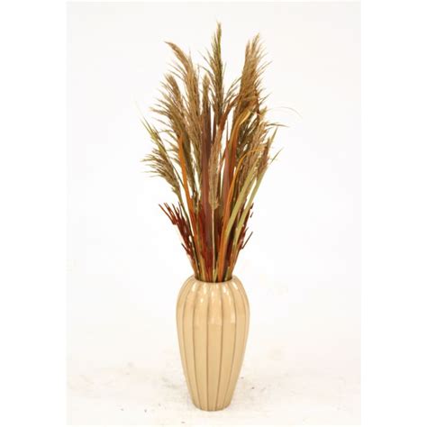 Dried Grasses In Tan Ribbed Vase Distinctive Designs
