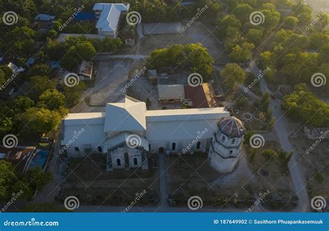 aerial view of the immaculate conception church of oslob lola pureza`s cebu philippines stock