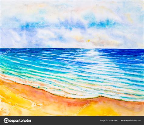 Watercolor Seascape Original Painting Colorful Sea View Beach Sky Cloud