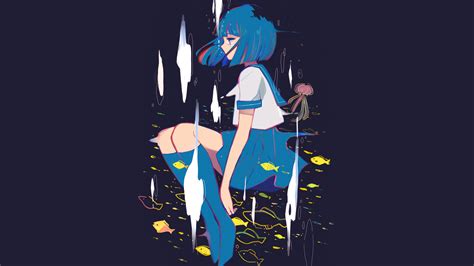 Wallpaper Manga Anime Girls Dark Blue Fish Blue Hair