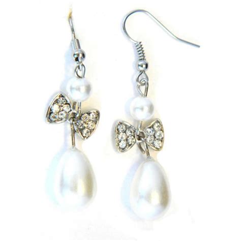 Pearl And Crystal Bow Drop Earrings In Silver Plate Arran View