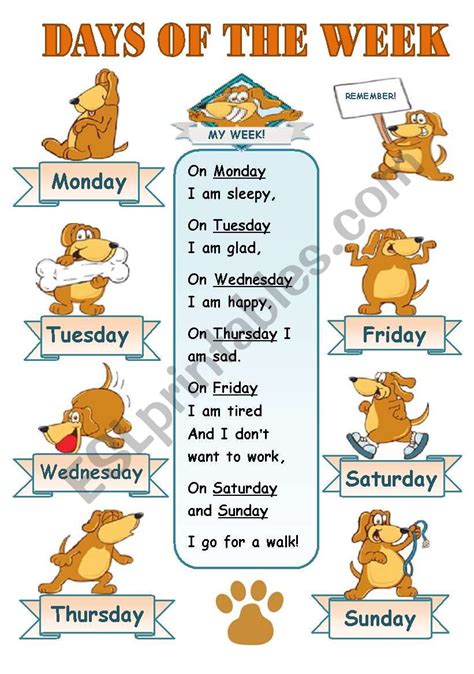 Days Of The Week Classroom Poster For Kids Esl Worksheet By