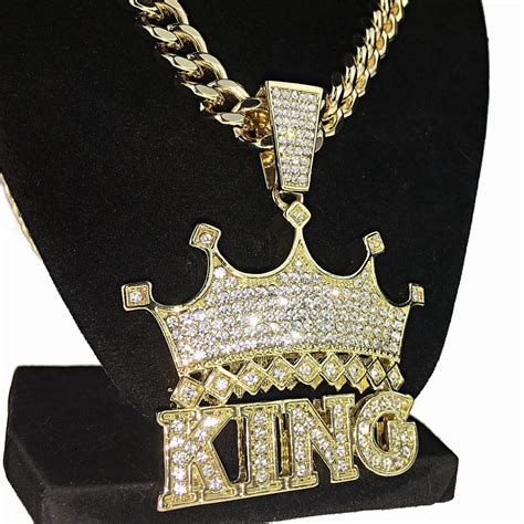 Crown King Hip Hop Pendant Chain Blinged Out Gold Finish Heavy Necklace