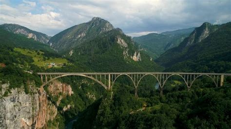 Aerial View Of Durdevica Tara Arc Bridge In The Mountains Stock Footage