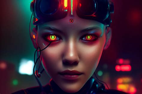 Beautiful Cyborg Girl Face With Glowing Eyes And Cyberpunk Implants