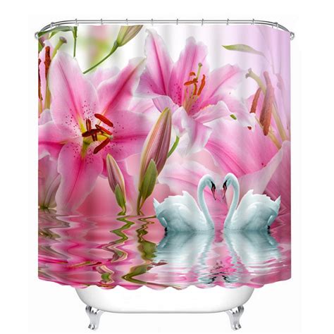 Flower Swan Pattern 3d Shower Curtain Polyester Fabric Waterproof Shower Curtain Eco Friendly