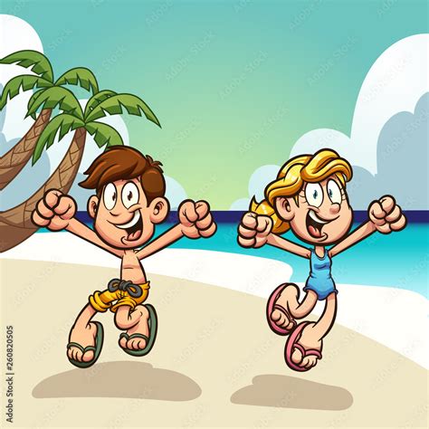Cartoon Kids Enjoying Summer Vacations On The Beach Clip Art Vector