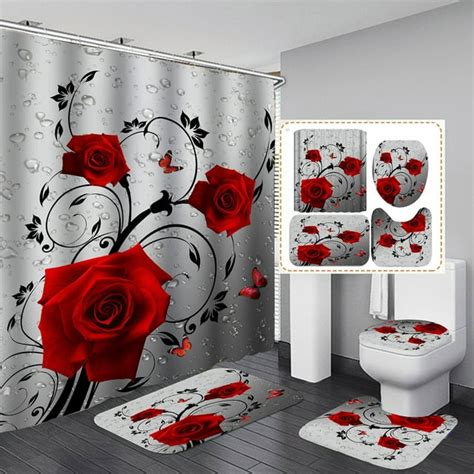 4pcs Red Rose Shower Curtain Polyester Waterproof Fabric Shower Curtain With Non Slip Bathroom