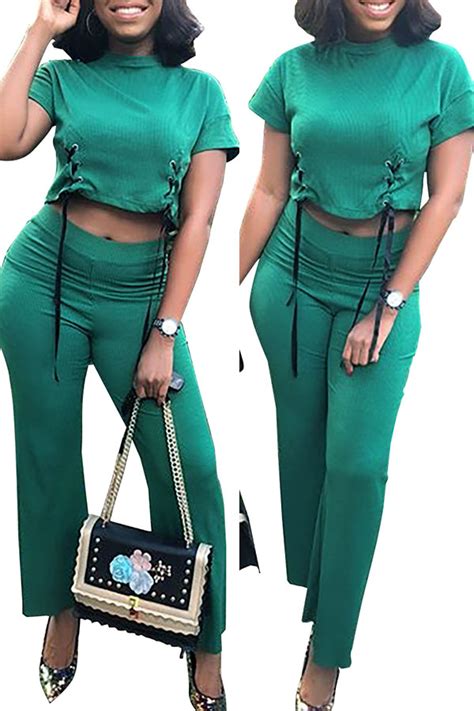 lovely casual o neck green two piece pants setlw fashion online for women affordable women s