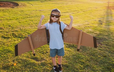 Power Superhero Child Shows Muscles Boy Dreams Of Flying Carefree