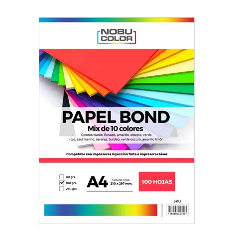 Papel Bond A4 Mix 10 Colores 100 Hojas 180 Grs Comercial Jdm Ltda