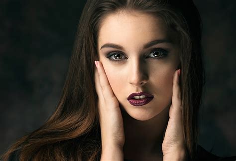 Women Model Face Brunette Women Indoors Lipstick Hazel Eyes Hands On Head Looking At