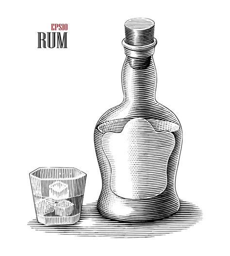 Rum Bottle With Glass Illustration Vintage Engraving Style Black And White Art Isolated On White