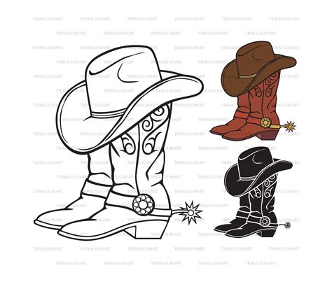 Cowboy Boot And Hat Vector Clipart Outline Stamp Drawing Graphic Wild Western Icon Png Svg