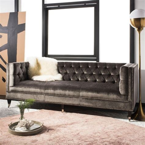 Shop Safavieh Couture Miller Grey Velvet Tufted Commercial Grade Sofa
