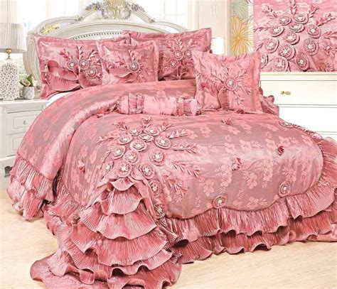 Tache Satin Ruffle Floral Lace Pink Royal Princess Dream Comforter Set