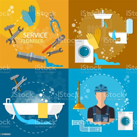 Plumbing Repair Service Professional Plumber Different Tools Set Stock