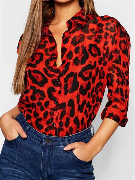 Red Leopard Print Single Breasted Long Sleeve Fashion Blouse Blouses For Women Womens Long