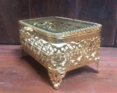 vintage brass jewelry box jewelry box glass top brass box storage jewelry storage filigree box