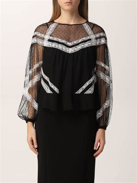 Twinset Blouse In Plumetis Tulle And Lace In Black Modesens