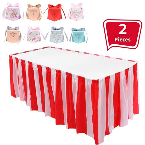2 Pieces Red White Striped Table Skirt Carnival Circus Themed Table Skirt With 8 Pcs
