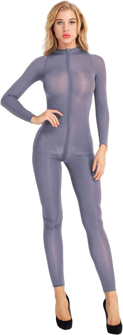Chictry Womens Long Sleeve Double Zipper Sheer Mesh Bodysuit Jumpsuit
