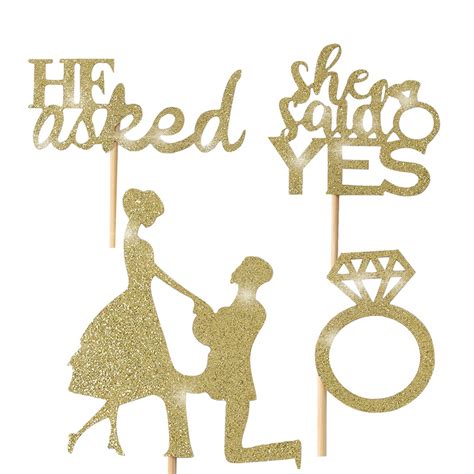Buy Pcs Gold Glitter He Asked She Said Yes Cupcake Toppers For Engagement Party Wedding