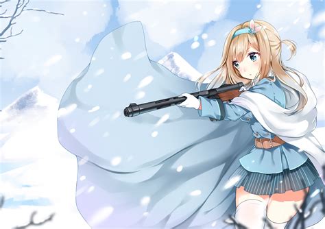 Wallpaper Illustration Gun Blonde Long Hair Anime Girls Blue