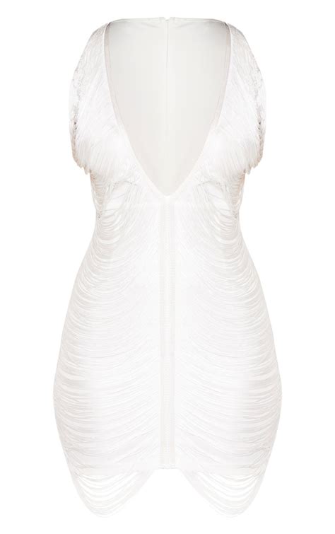 White Extreme Plunge Tassel Bodycon Dress Prettylittlething