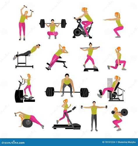 Fitness And Workout Exercise In Gym Vector Set Of Icons Flat Style