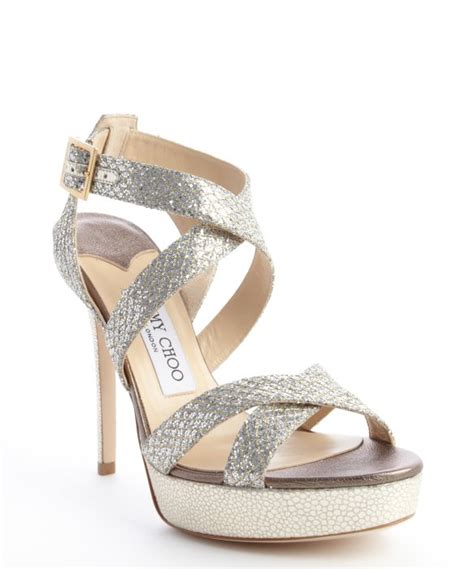 Jimmy Choo Champagne Glitter Fabric Vamp Crisscross Platform Sandals In