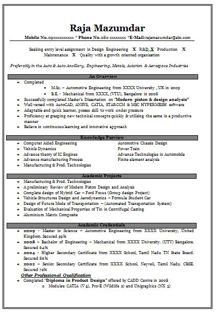 +1 234 567 899 email id: Automobile Engineering Fresher Resume Format ...