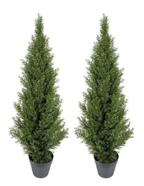 Two 4 Foot Outdoor Artificial Cedar Topiary Trees Potted Uv Rated