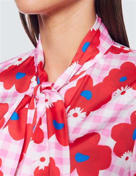 Women S Pink Red Floral Gingham Check Print Pussy Bow Blouse Hawes