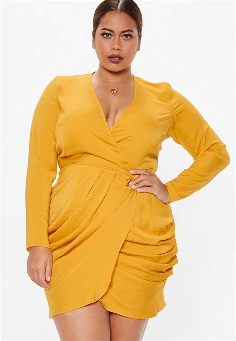 Plus Size Mustard Yellow Satin Wrap Over Ruched Side Dress Missguided