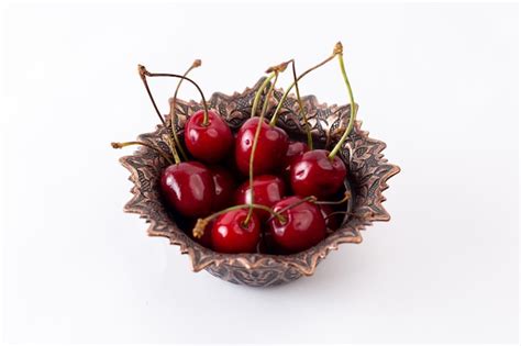 Free Photo Front View Red Sour Cherries Inside Plate On White Fruit