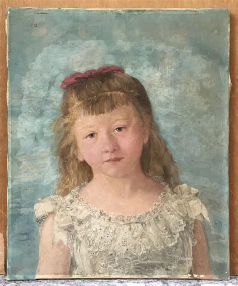 TABLEAU ANCIEN HUILE Portrait Jeune Fille Robe Dentelle Cheveux Longs