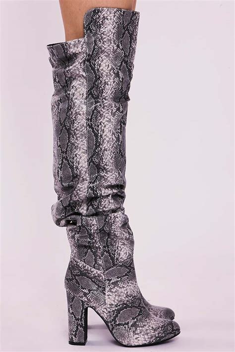 Grey Snake Print Ruched Over The Knee Heeled Boots In The Style