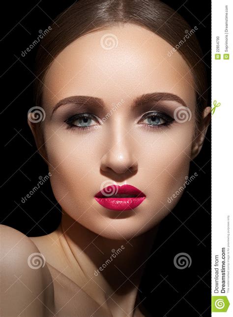 Beautiful Model Face With Hot Fashion Lips Make Up Stock