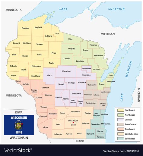 Map Regions Us State Wisconsin Royalty Free Vector Image