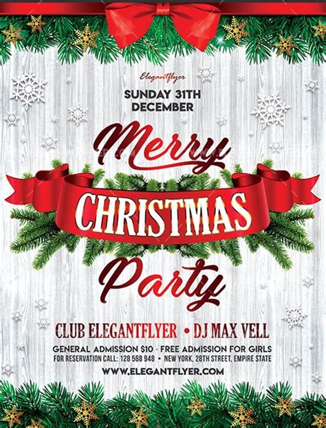 Merry Christmas Party Flyer With Red Ribbon And Pine Branches On White Wood Planks Background