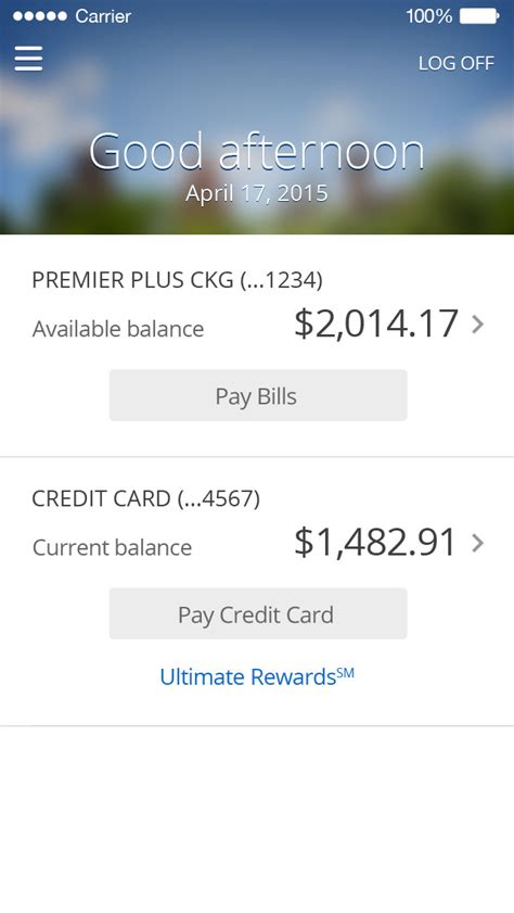 After logging in, all chase accounts are presented individually with the current balance displayed. Chase Mobile℠ iOS App - Uplabs